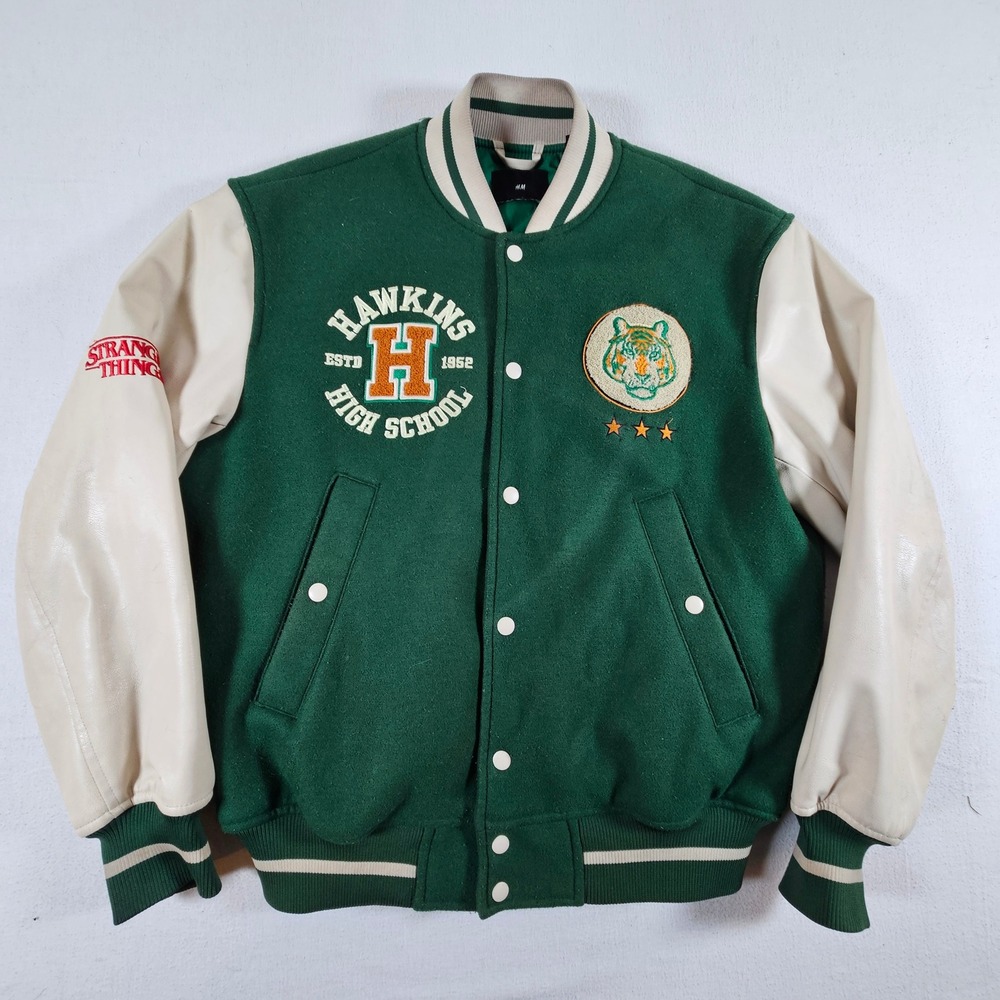 H&M Varsity Jacket Mens L Green Stranger Things Hawkins High Letterman Patch